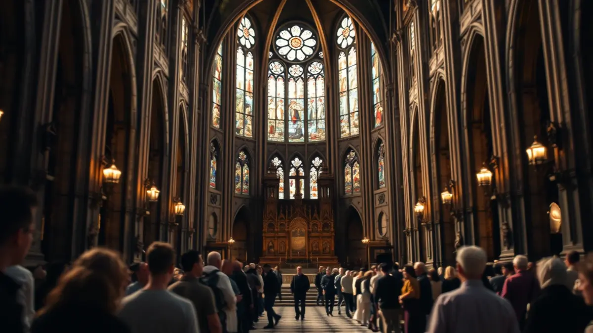 Imagen del interior de una catedral con gente y tensión antes de una misa pontifical.