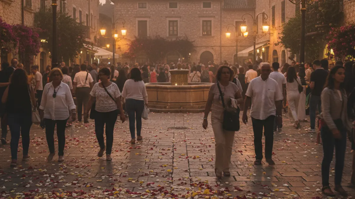 Imagen de una plaza mediterránea de noche, con gente y pétalos de flores en el suelo, durante una celebración religiosa.