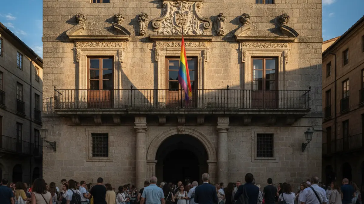 Bandera arcoíris ondeando en la fachada de un ayuntamiento, símbolo de la lucha por la igualdad.