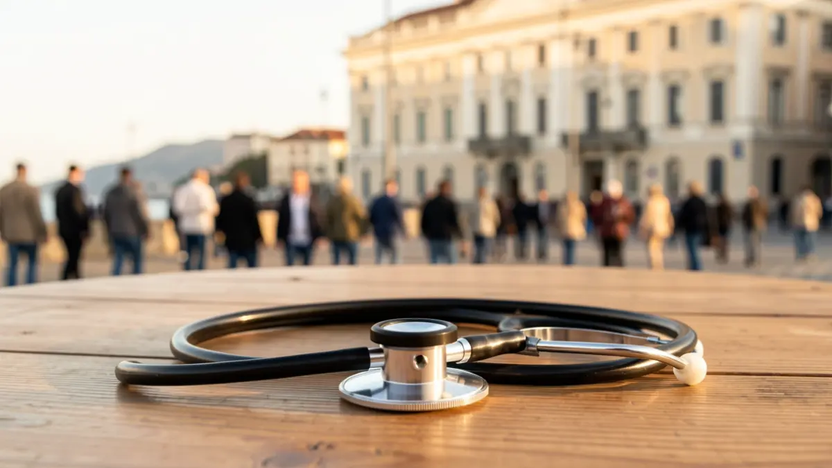 Generic image of a stethoscope on a table with a municipal building blurred in the background.