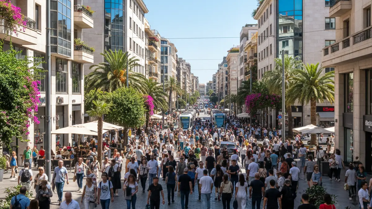 Imagen genérica de una ciudad mediterránea con gente diversa y arquitectura moderna, reflejando el crecimiento poblacional.
