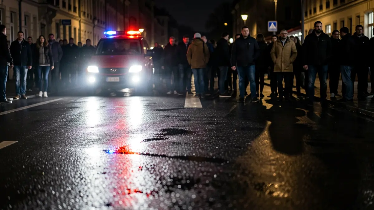 Generic image of emergency lights reflecting on wet asphalt.