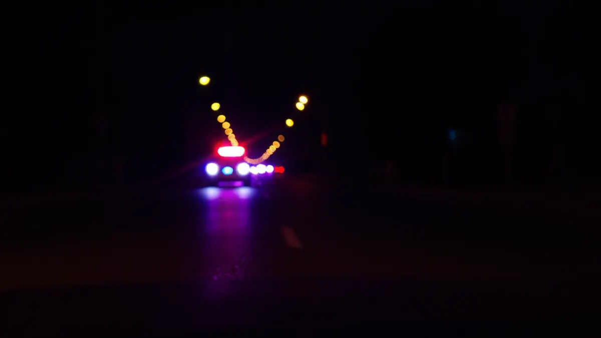Generic image of emergency lights reflecting on wet asphalt at night, with no vehicles visible.
