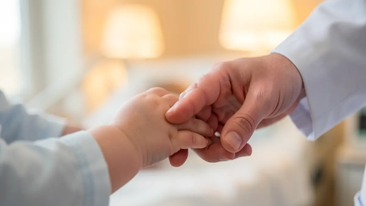 Image of a baby's hand holding a healthcare professional's finger in a hospital.