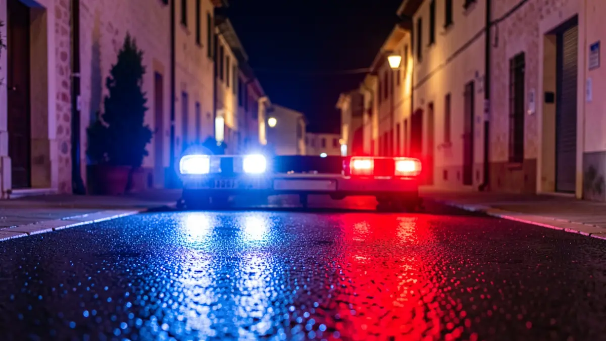 Imatge genèrica de llums d'emergència policials reflectint-se en asfalt mullat de nit.