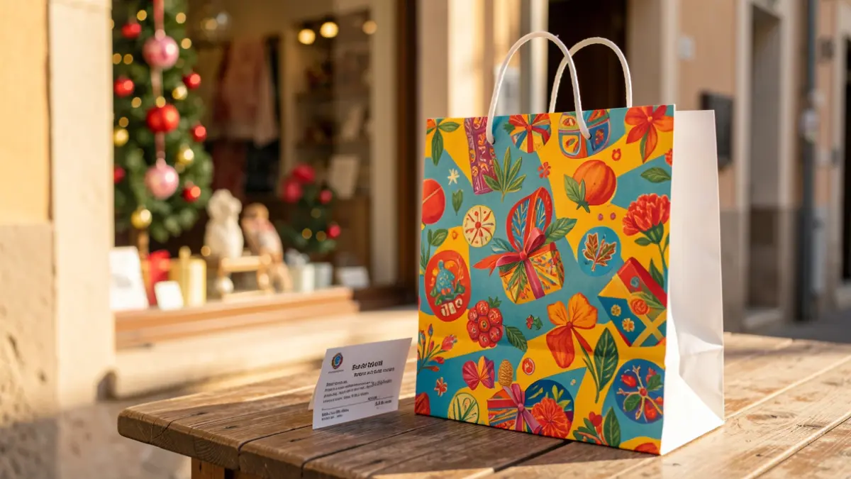 Imatge d'una bossa de compra i un val regal en un aparador, representant la campanya comercial de Vila-real.