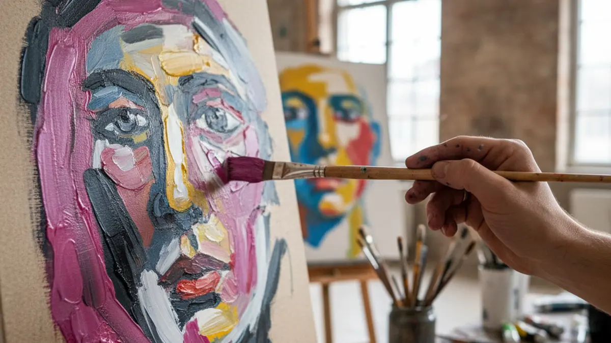 Imatge genèrica d'una mà d'artista pintant un retrat amb colors fúcsia, blanc i negre.