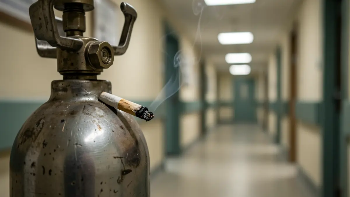 Imatge genèrica d'un cigarret prop d'una bombona d'oxigen, amb un passadís d'hospital difuminat al fons.