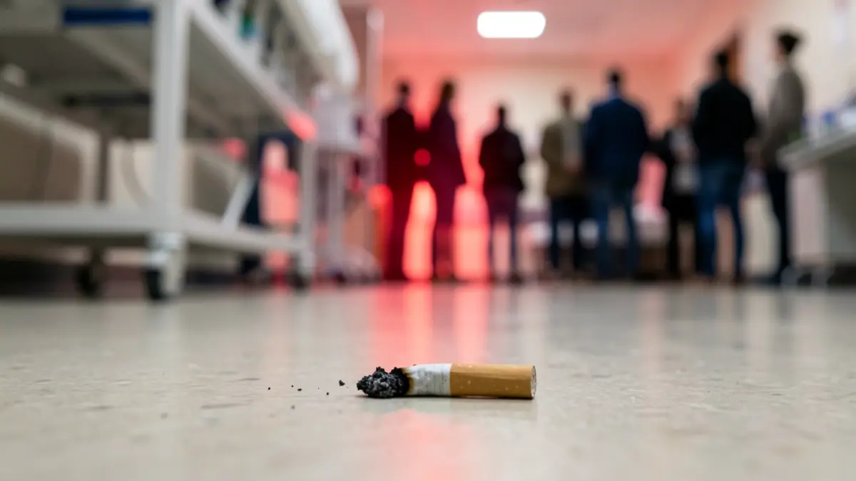 Generic image of a smoldering cigarette butt in a hospital.