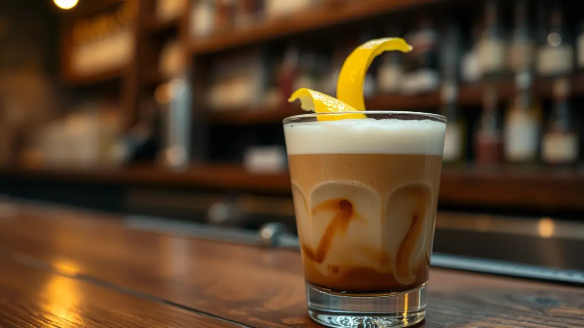 Imatge d'un cremaet valencià amb les seues capes distintives de café, licor i llet, amb una pela de llima, sobre una barra de fusta.