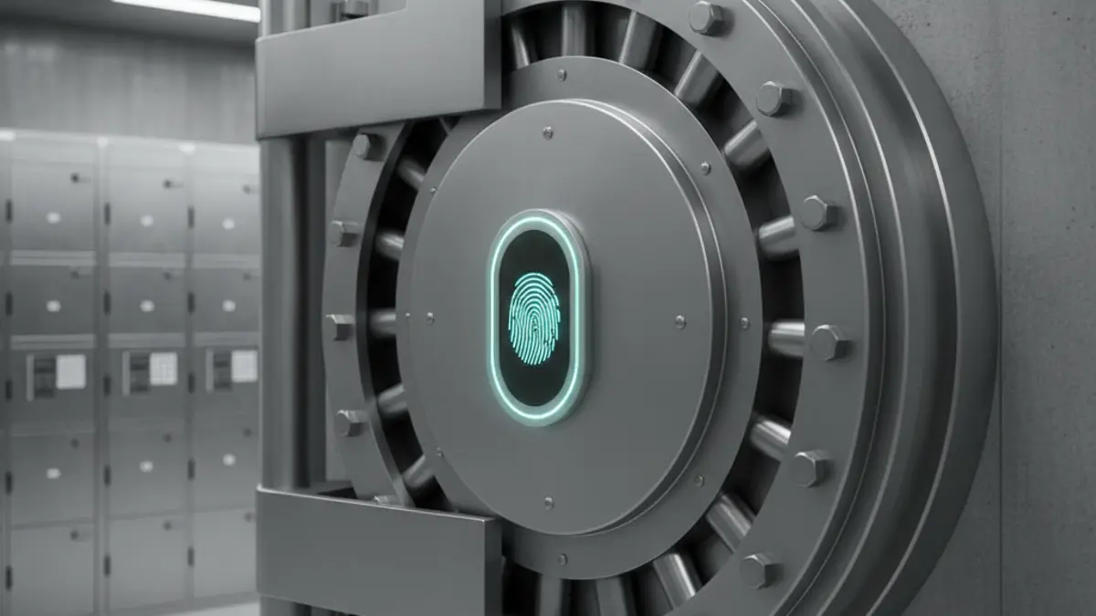 Imatge genèrica d'una porta de cambra cuirassada amb escàner biomètric en un depòsit d'alta seguretat.