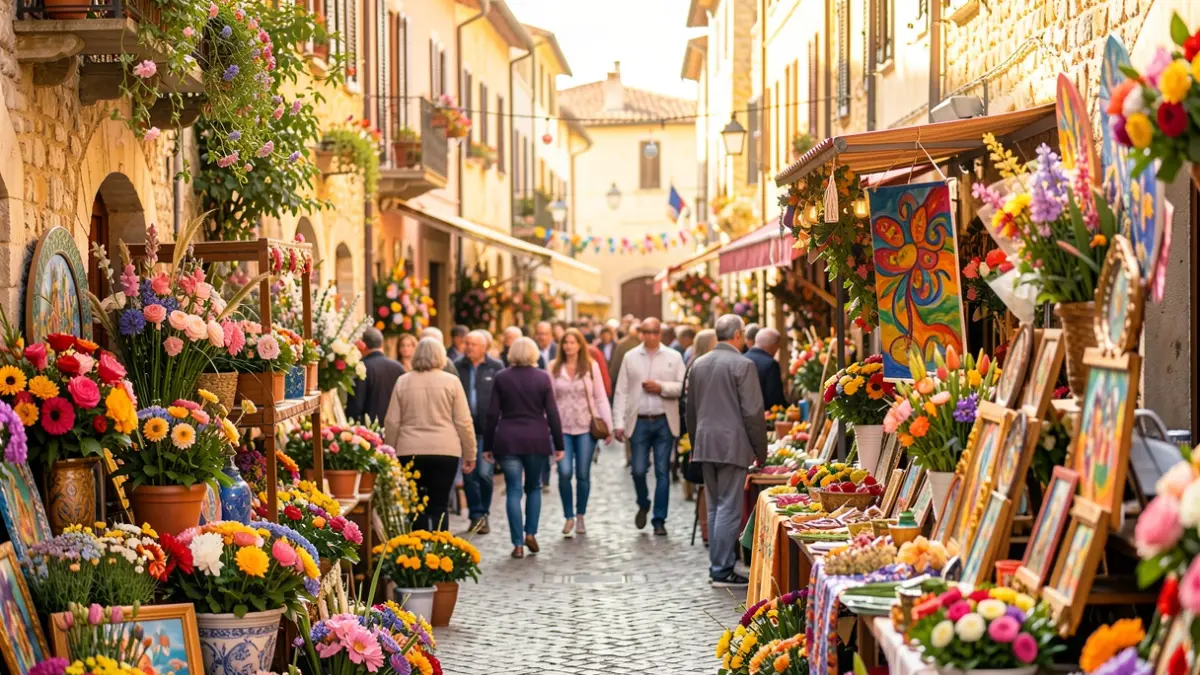 Generic image of a popular festival with floral decorations and people in the street.