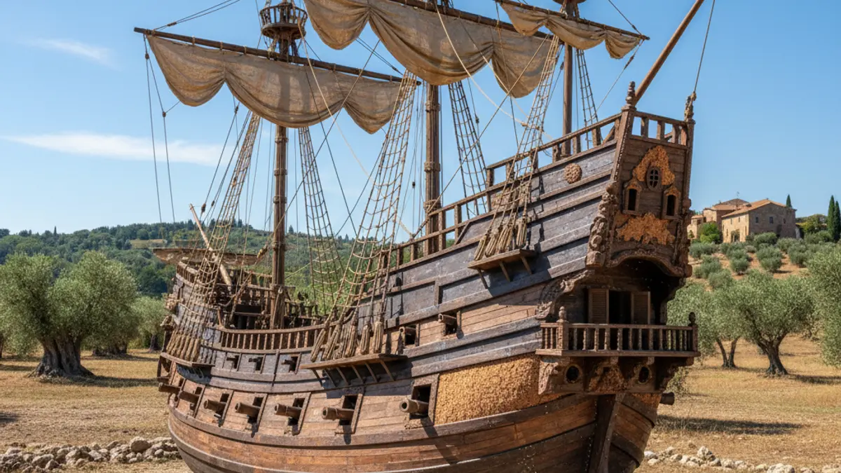 Imagen de una réplica de un galeón pirata veneciano de siete pisos, con dos mástiles y un castillo en la popa, construido para un festival de música.