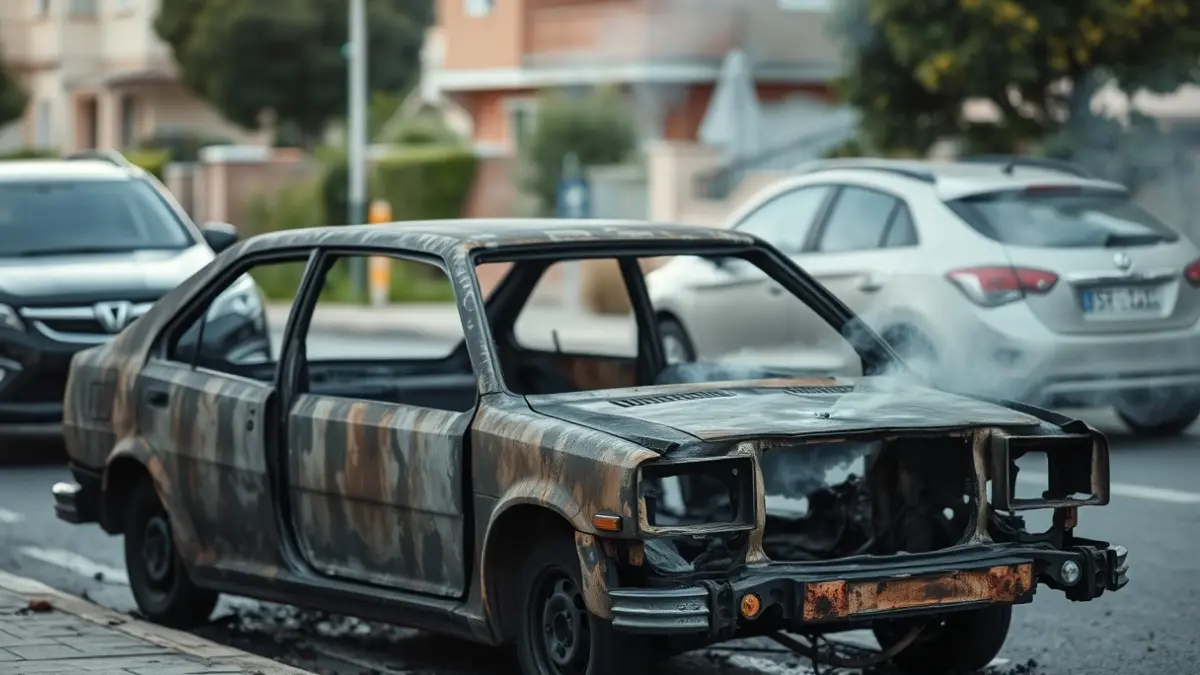 Image of a burnt car in a street in Dénia, with other vehicles affected by the fire.