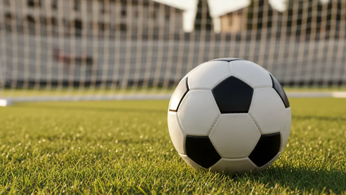 Imatge genèrica d'una pilota de futbol en la gespa d'un estadi, amb la porteria desenfocada al fons.