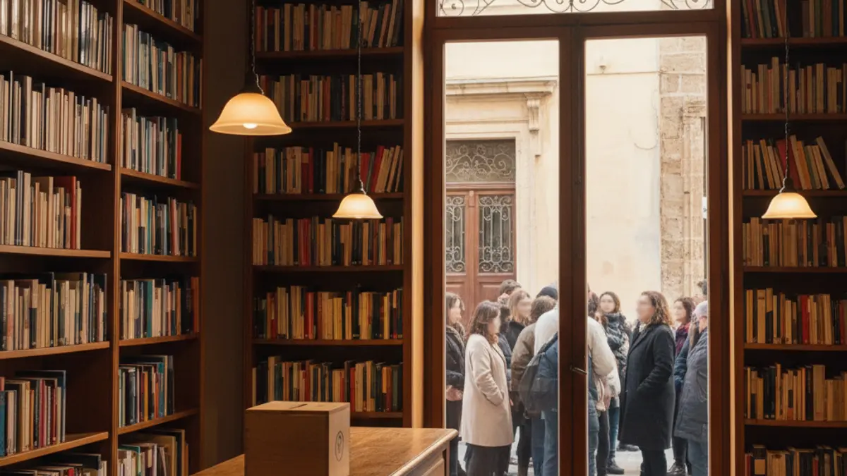 Imatge d'una llibreria amb prestatgeries plenes de llibres i una cua de persones esperant fora.