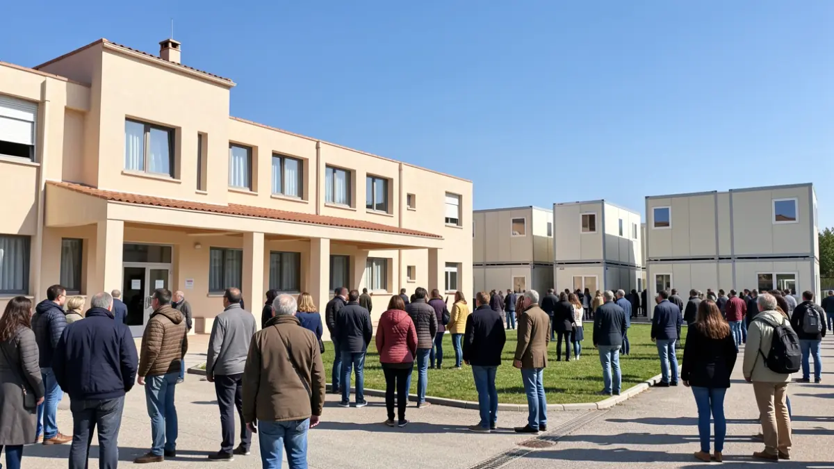 Imatge genèrica d'un centre educatiu amb aules prefabricades en un entorn urbà.