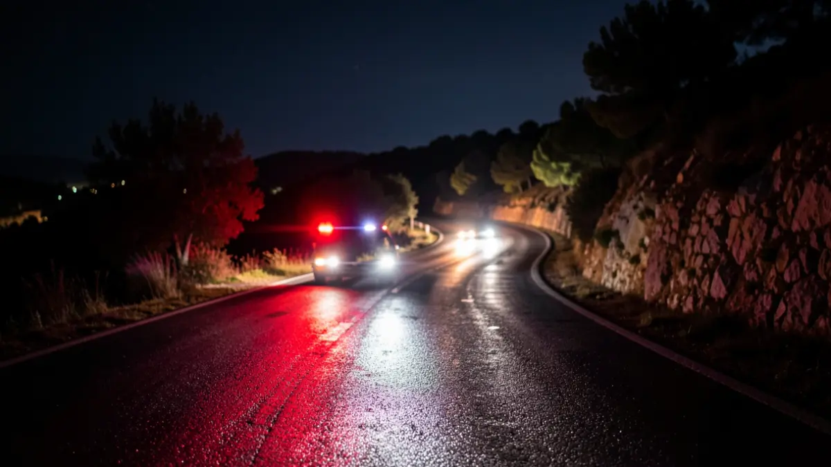 Imatge genèrica de llums d'emergència en una carretera mullada de nit.