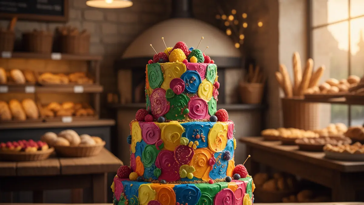 Generic image of a decorated cake in a bakery, with warm lighting.