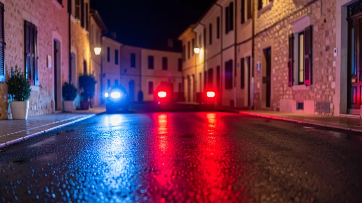 Imatge genèrica de llums d'emergència policials reflectint-se en asfalt mullat.