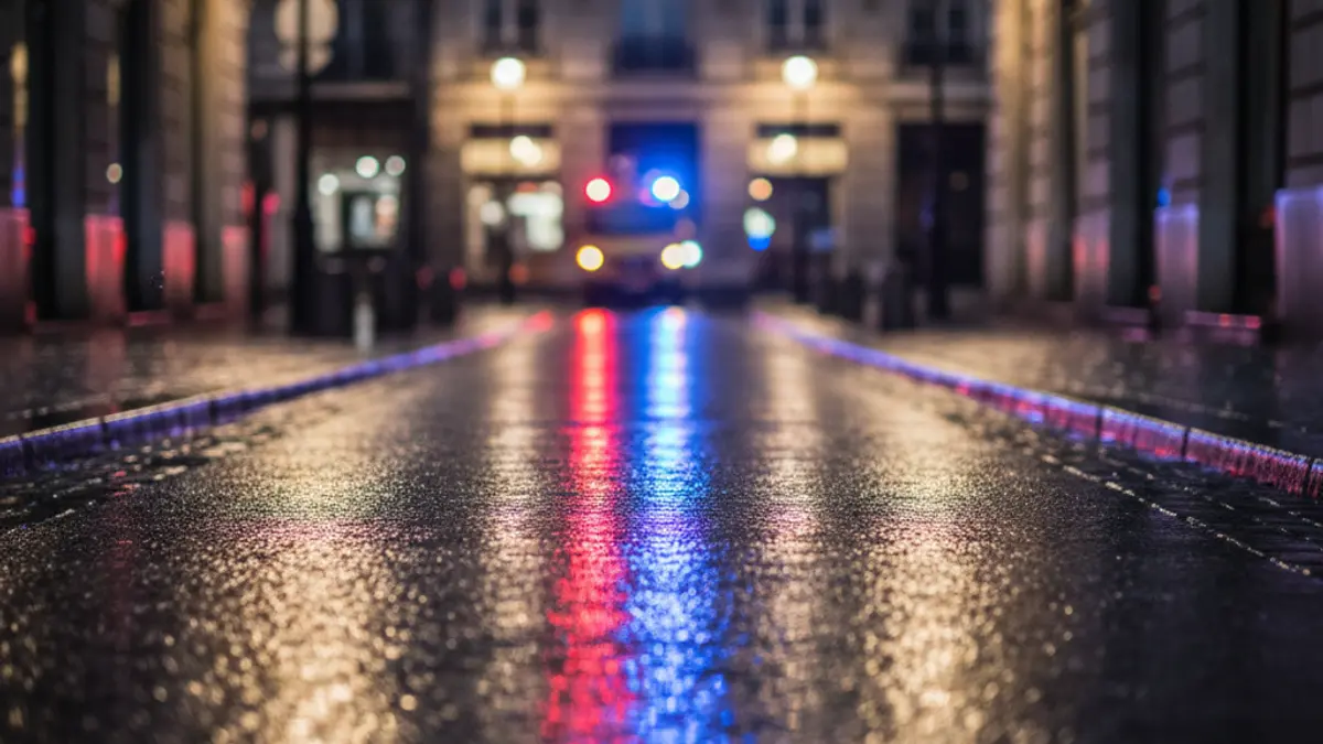 Imatge genèrica de llums d'emergència reflectint-se en asfalt banyat, sense vehicles visibles, suggerint tensió.