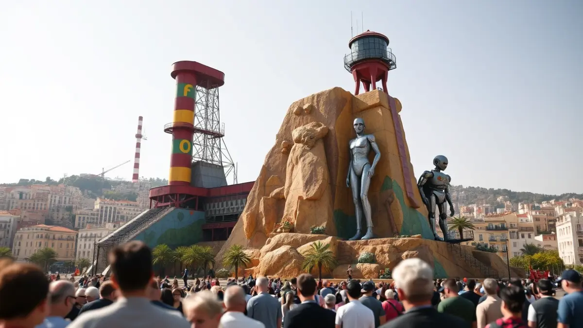 Image of a commemorative falla with industrial elements and robots, celebrating a company anniversary in Sagunto.