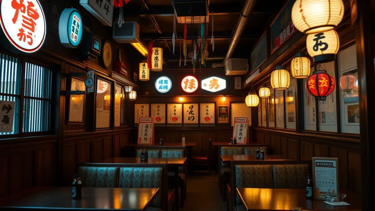Imatge de l'interior d'una izakaya japonesa tradicional amb seients compactes i decoració autèntica.
