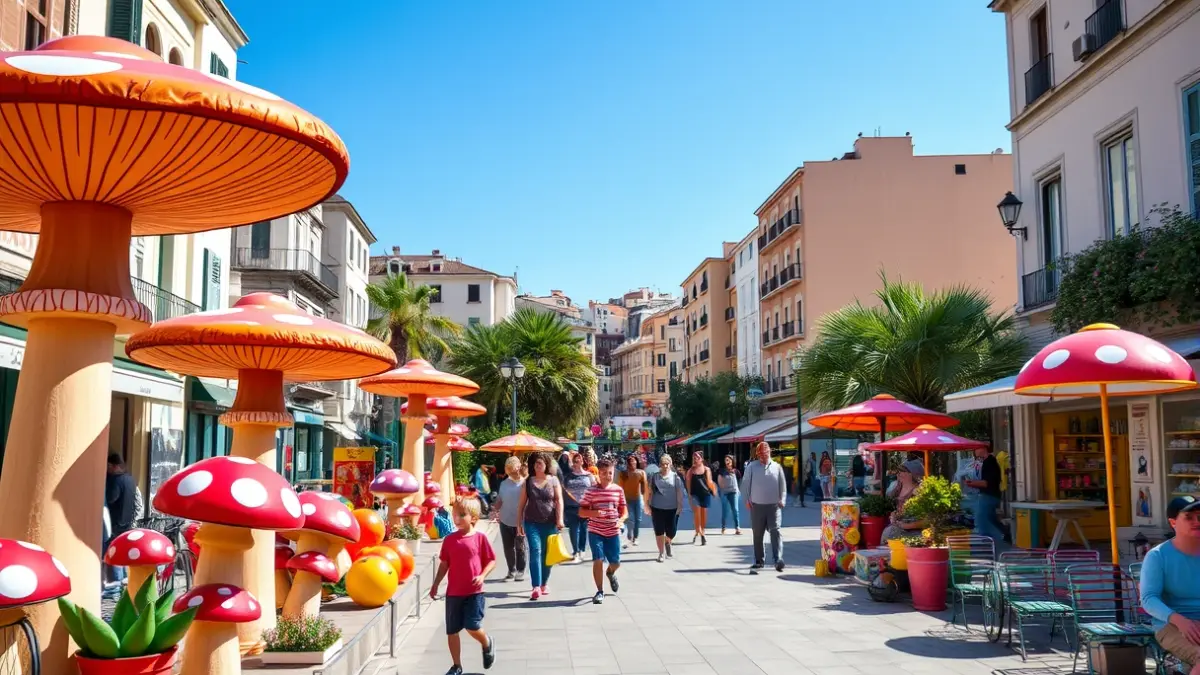 Image of Alicante's Mushroom Street, with giant mushroom sculptures and children's games.