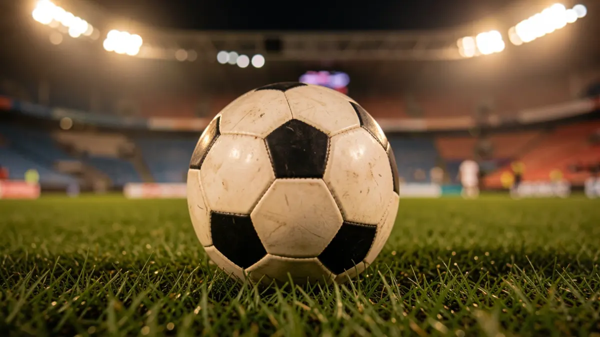 Generic image of a soccer ball on grass with blurred stadium lights.