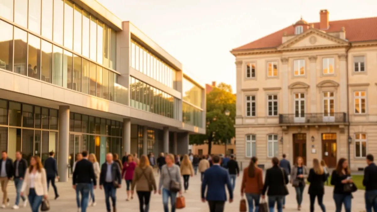 Imatge genèrica de dos edificis universitaris amb estudiants.