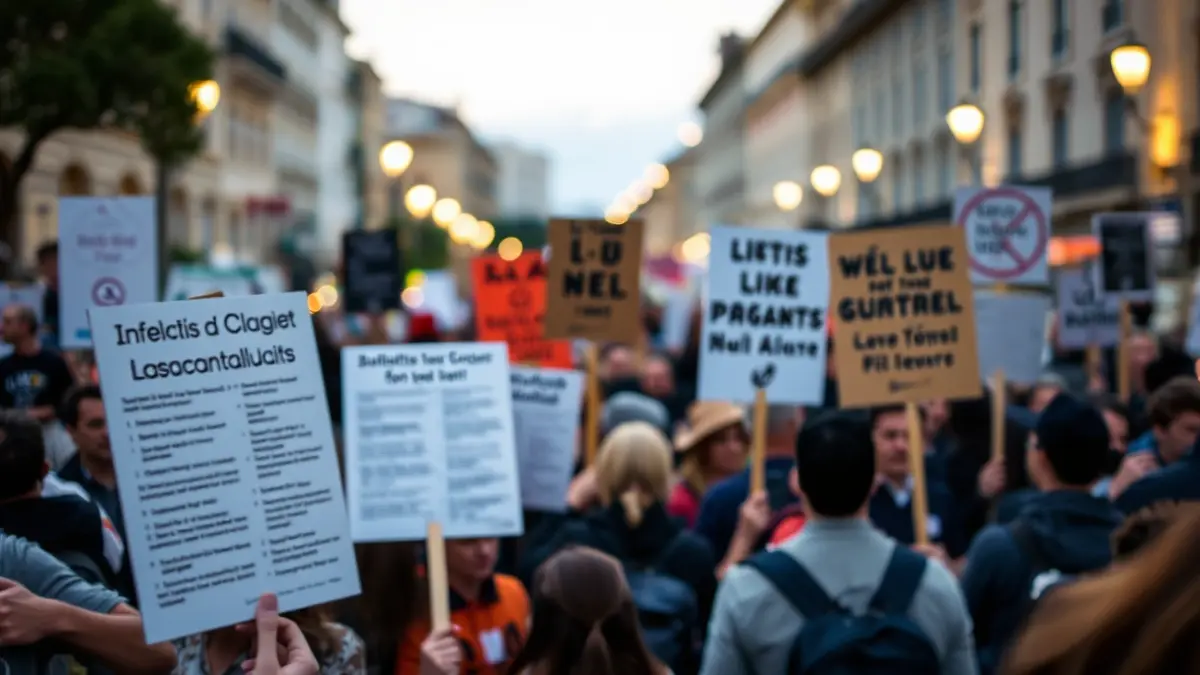 Generic image of a protest with informational pickets in a Mediterranean city.