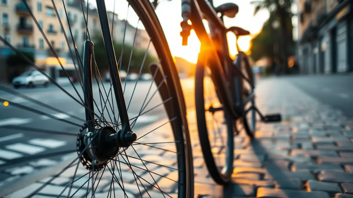 Generic image of a bicycle wheel parked on a stone sidewalk, with warm evening light and a blurred urban background.