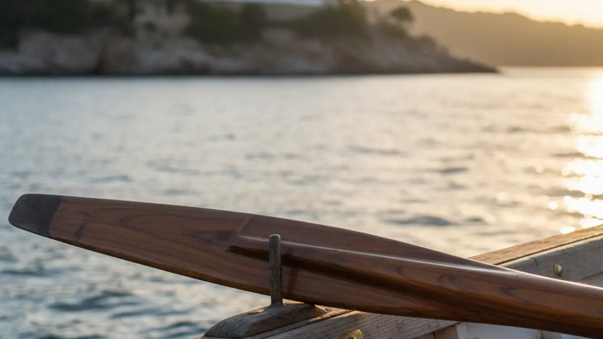 Imatge d'un rem de llaüt mediterrani en una embarcació, amb el mar de fons i la costa valenciana.