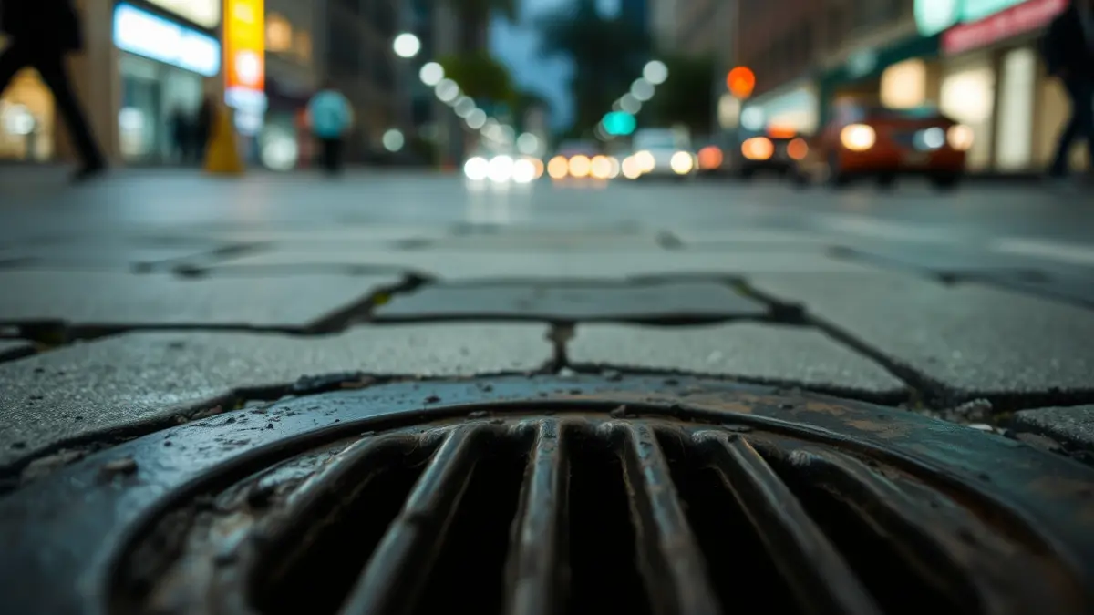 Imatge genèrica d'una reixa de claveguera en un carrer de ciutat, amb un fons urbà desenfocat.