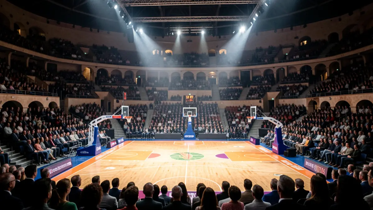 Imagen genérica de una cancha de baloncesto en una gran arena con iluminación dramática.