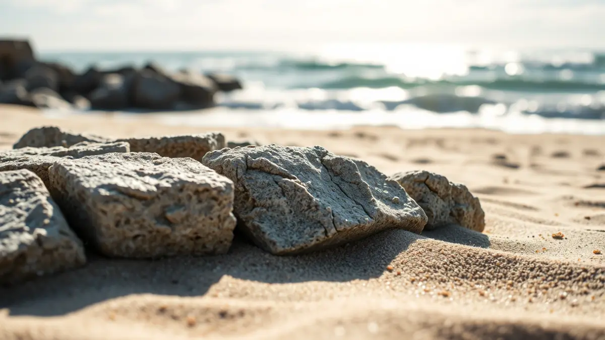 Imagen de fragmentos de piedra de un monumento histórico en una playa de Valencia, con olas del océano desenfocadas al fondo.