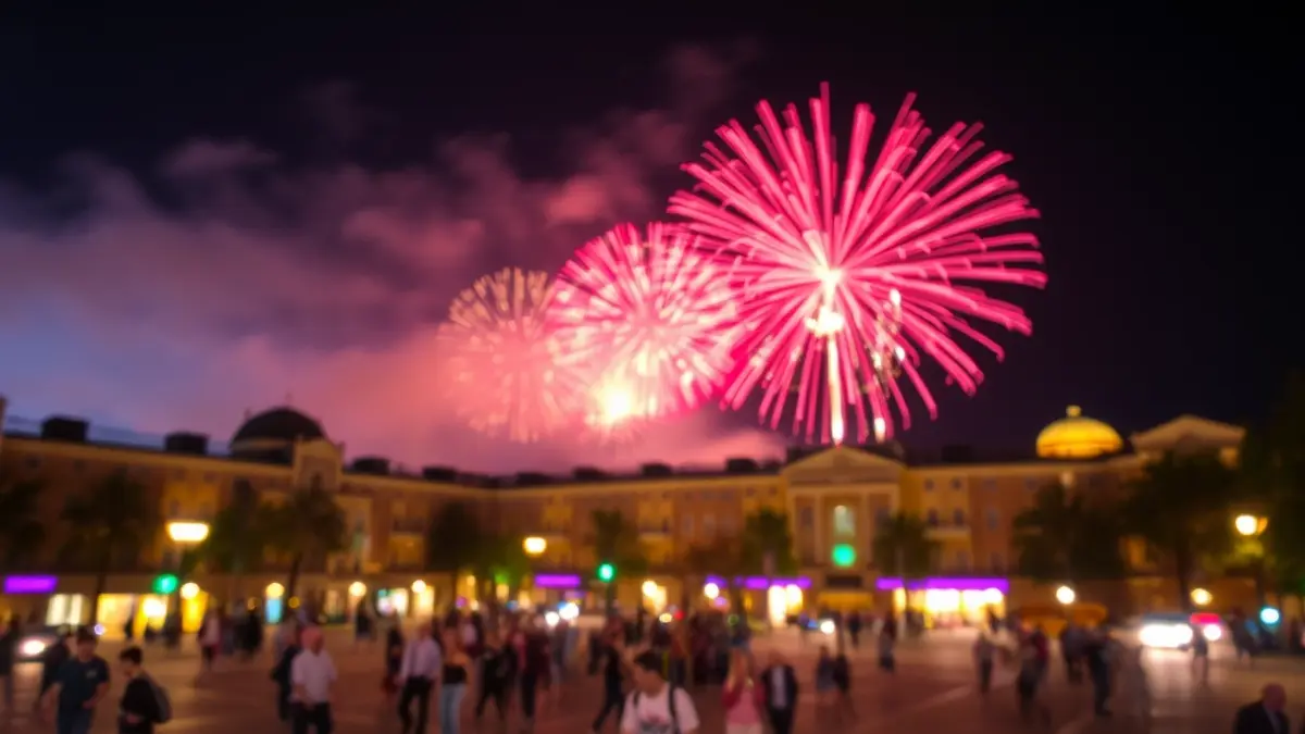 Imatge d'un castell de focs artificials il·luminant el cel nocturn en una plaça de València.