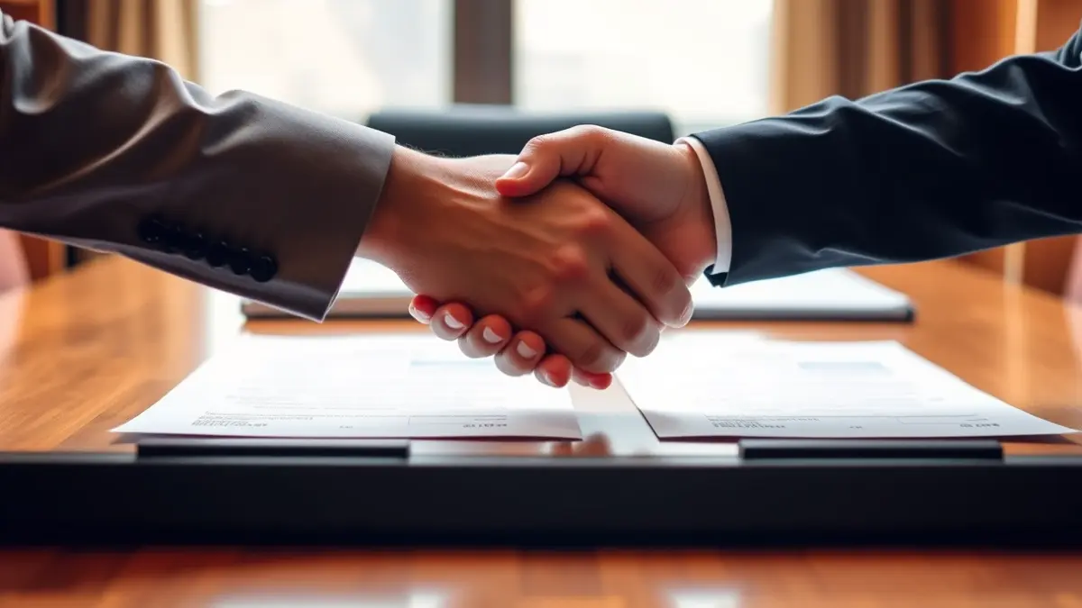 Imatge genèrica de dos mans encaixant en un context empresarial o polític.