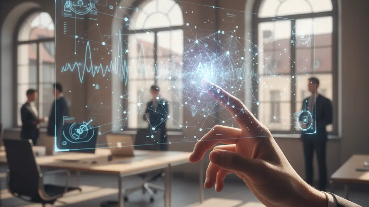 Imatge genèrica d'una mà interactuant amb una interfície hologràfica que mostra conceptes d'intel·ligència artificial.