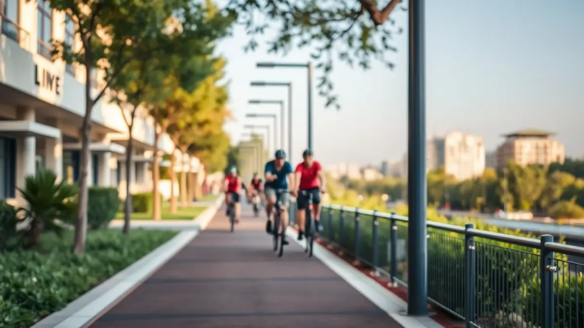 Imatge genèrica d'un carril bici modern en una ciutat mediterrània, amb ciclistes desenfocats al fons.