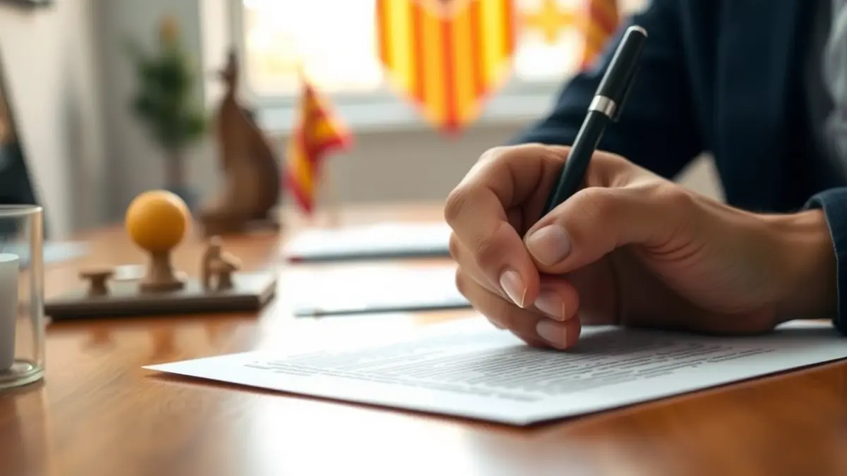 Imagen de una mano firmando un documento, con símbolos culturales valencianos de fondo.