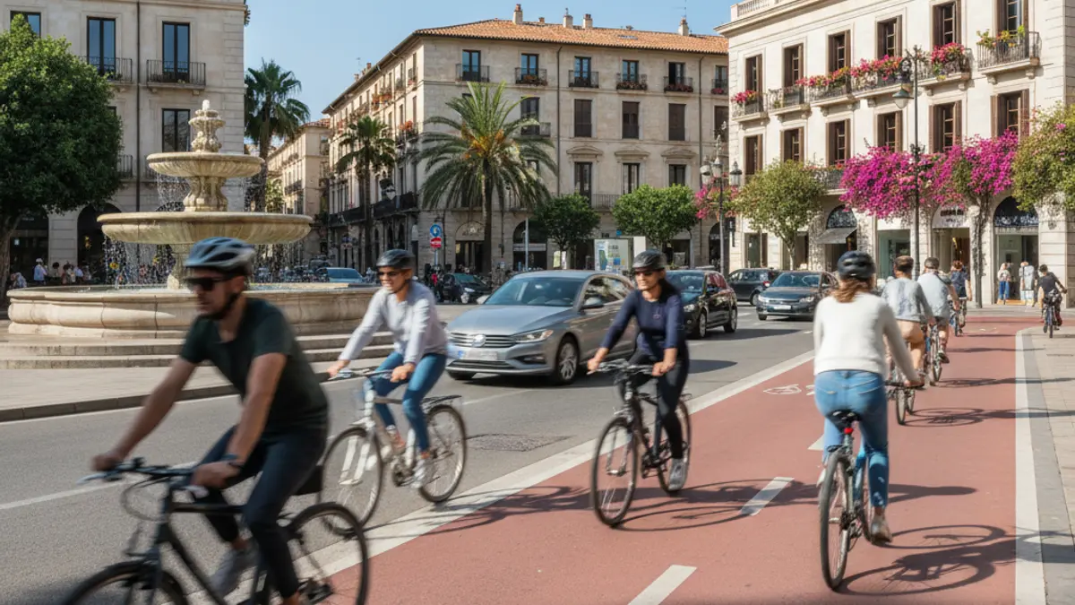 Imagen genérica de un carril bici en una ciudad mediterránea, con ciclistas y vehículos en segundo plano.