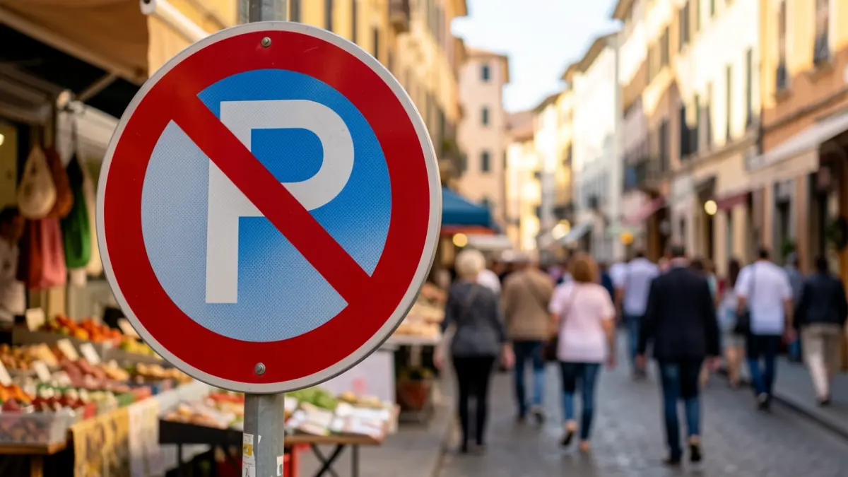 Imatge genèrica d'un senyal de trànsit que prohibix l'aparcament en un entorn urbà.
