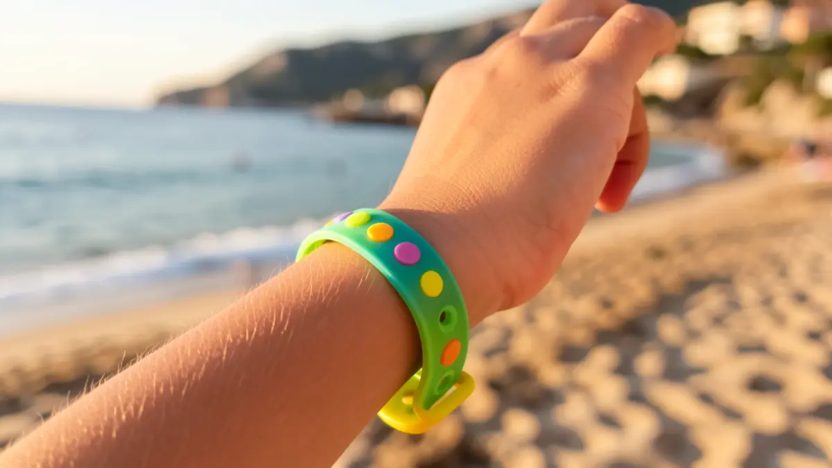 Imatge genèrica d'una polsera identificativa infantil en una platja.