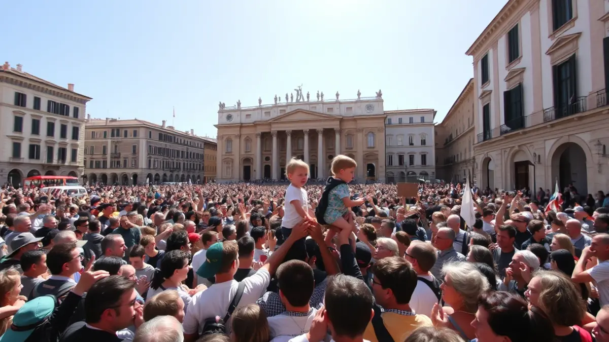 Imatge d'una multitud en una plaça històrica de València durant una processó religiosa, amb mostres d'emoció i devoció.