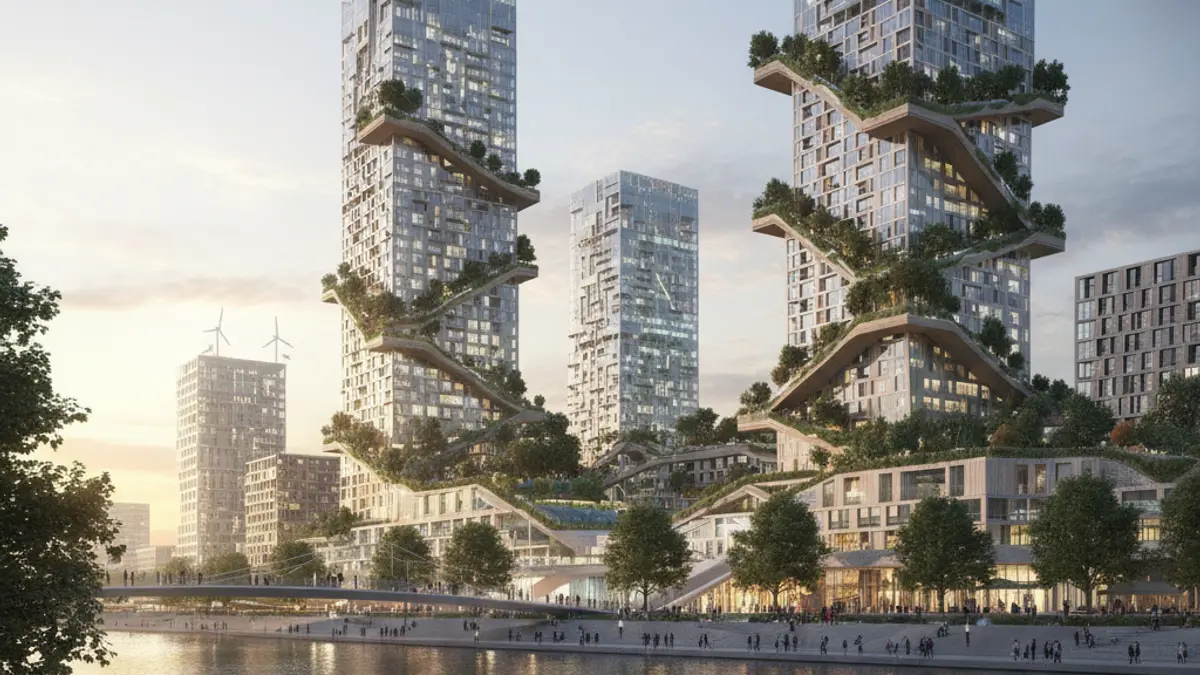 Generic image of a modern city with green spaces, symbolizing sustainable tourism and environmental integration.