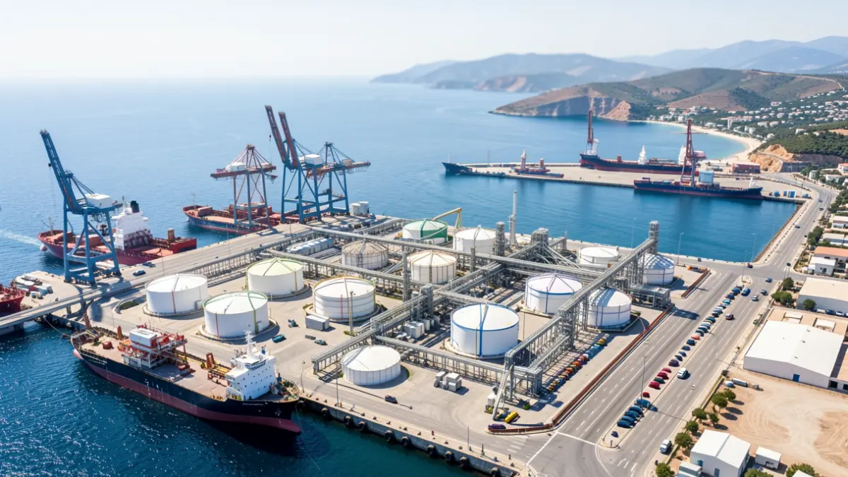 Imagen genérica de un puerto industrial con instalaciones para combustibles renovables.