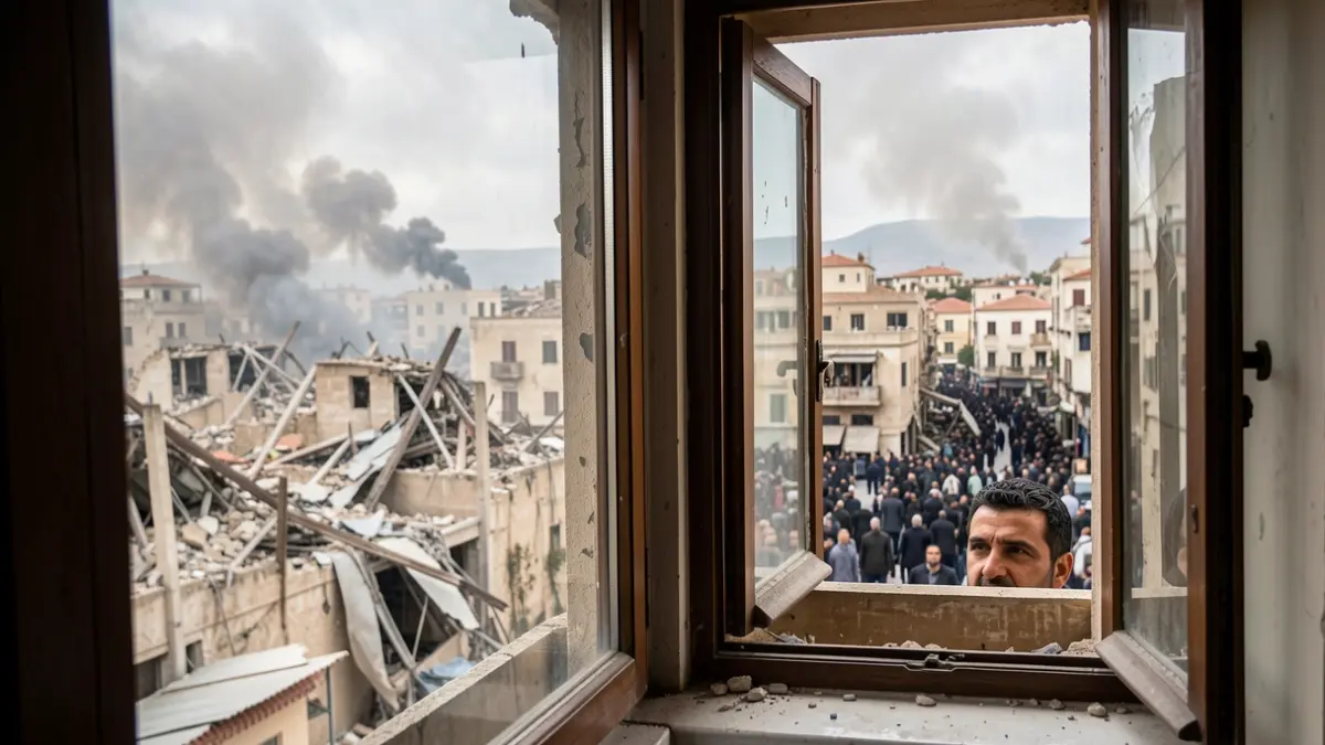 Imagen genérica de un hombre palestino mirando por una ventana hacia un paisaje urbano destruido.