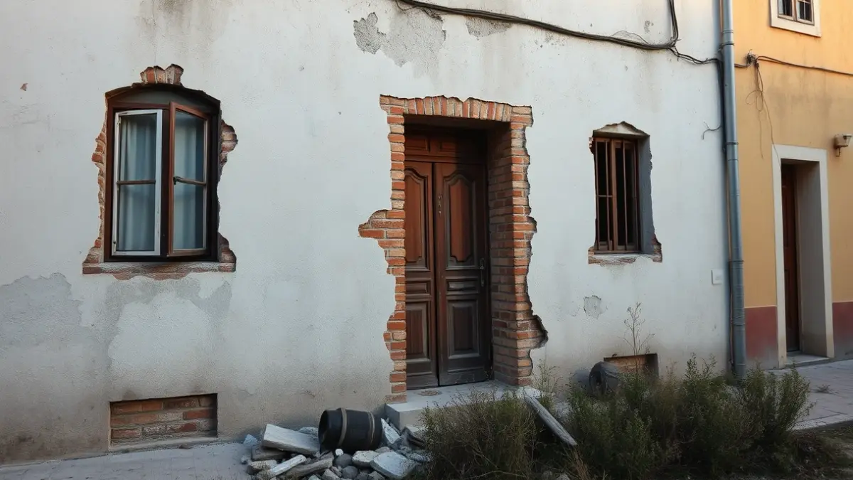Imatge d'una vivenda en ruïnes en una localitat valenciana, amb cascots caent i un aspecte perillós.