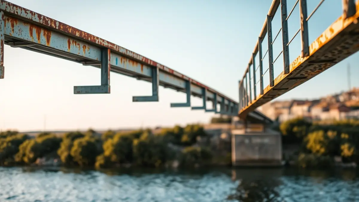 Imagen de un puente peatonal deteriorado con óxido visible, sobre agua tranquila, con vegetación mediterránea al fondo.